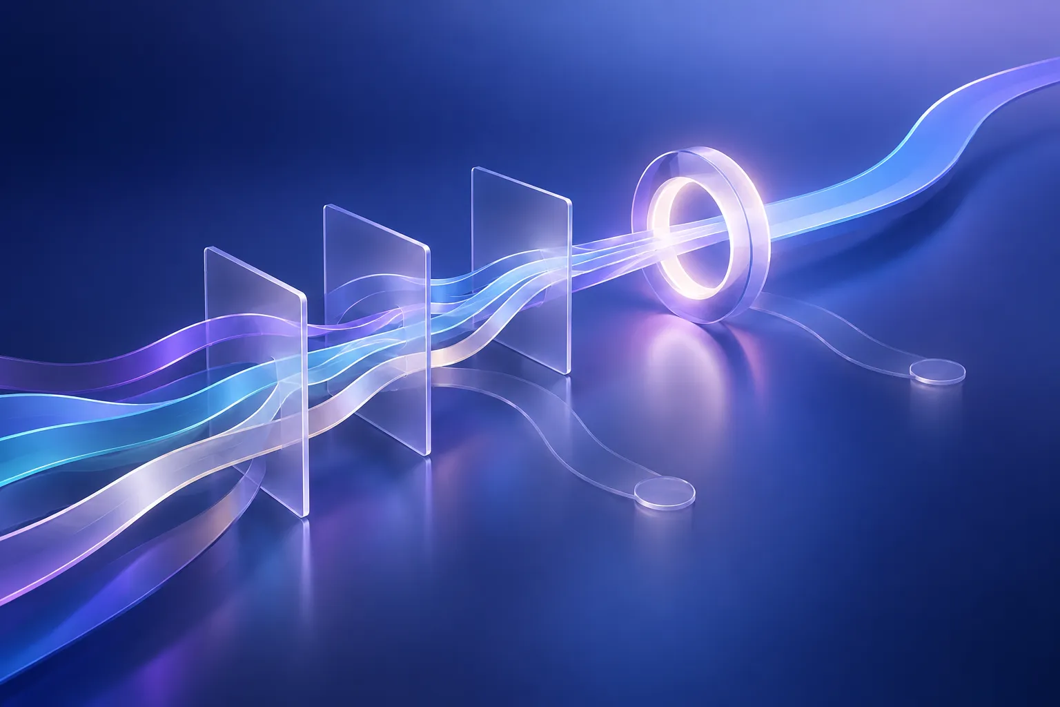 Layered illuminated paths passing through review planes and converging at a decision gateway