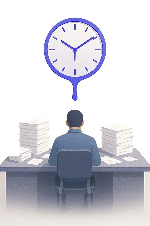 A person at a desk dwarfed by stacks of paper under an oversized clock