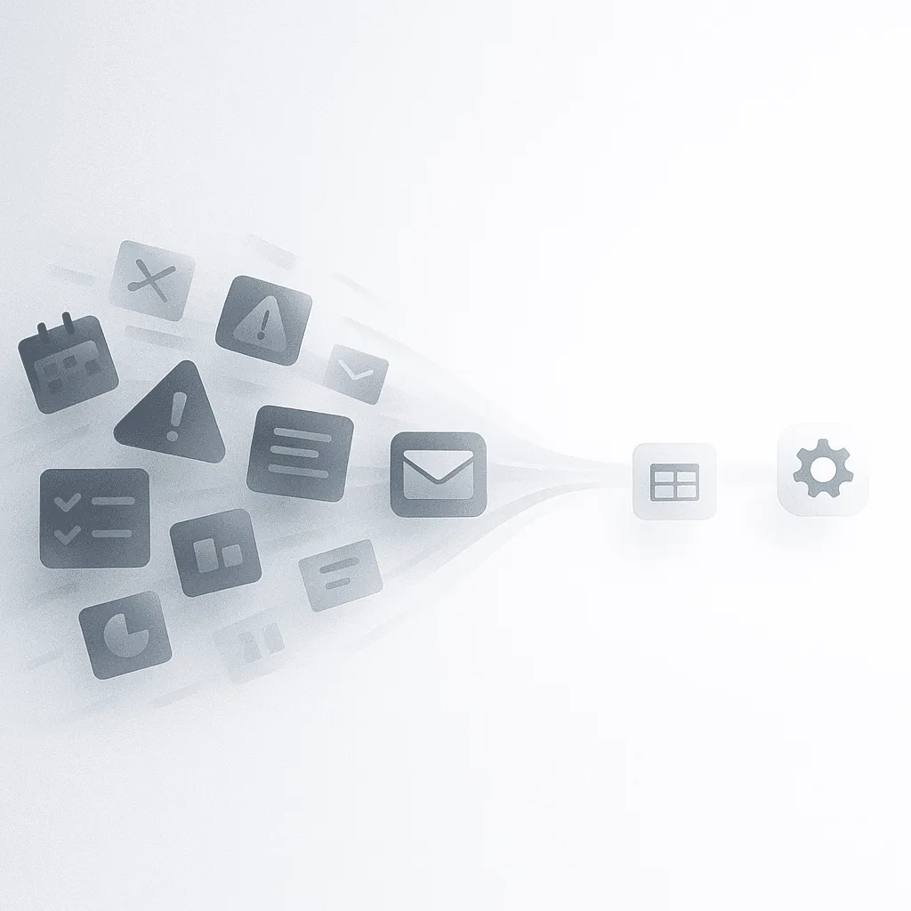 Scattered document, message and calendar icons funnelling into a single ordered stream