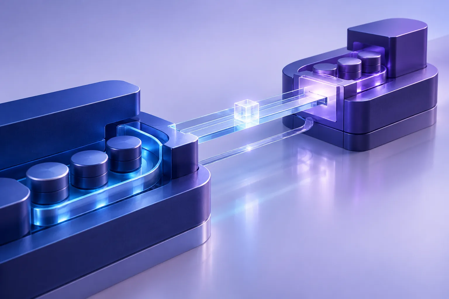 An illuminated packet crosses a glass bridge between separate blue-violet structures, activating the receiving junction