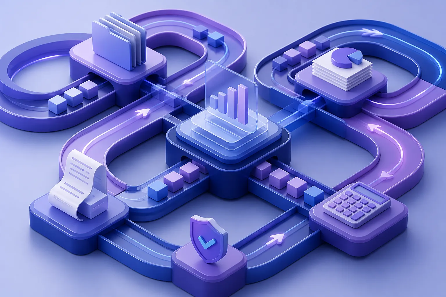 Connected financial records moving through validation points into a verified payable state